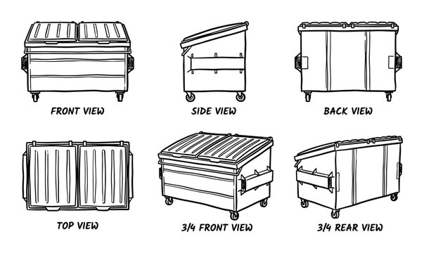 Dumpster outline drawings in various perspectives. Waste container sketches. Front, side, back, top, and 3/4 views.