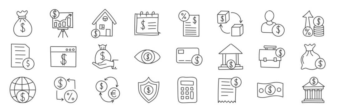 Money loan interest rate hand drawn doodle icons set collection in flat style. Payment benefit vector illustration on isolated background. Discount sign business concept.
