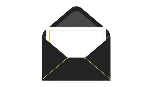 Elegant black invitation envelope reveals blank card with gold border for personalized message or announcement design template mock up
