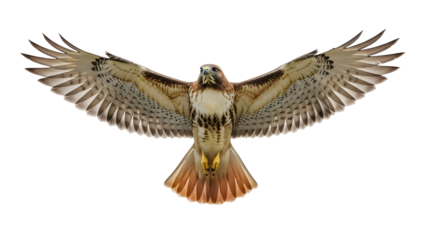 Red tailed hawk soars with wings spread wide against a sky