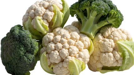 Fresh broccoli and cauliflower heads displayed together in a healthy food shot