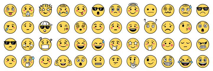 Fototapeta premium Emojis faces icons set collection in hand drawn style. Doddle emoticons vector illustration on isolated background. Happy and sad face sign business concept.