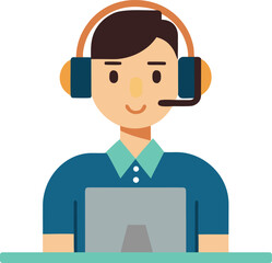 Customer support agent wearing headset using computer isolated on white background
