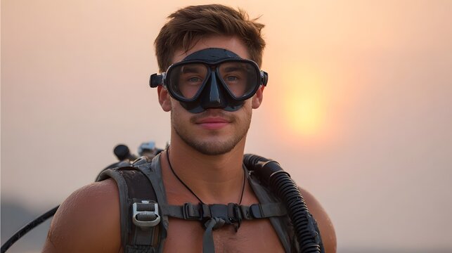 A man in scuba gear and a diving mask is captured in a close up portrait against a beautiful sunset backdrop