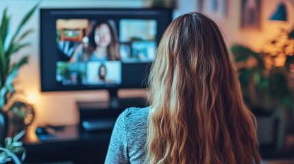 Working remotely connecting with colleagues online for business meeting at home, woman video conferencing enjoying virtual call, team collaboration