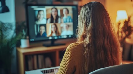 Engaged woman participating in a virtual team meeting from her home office, fostering collaboration and connection with colleagues online during work hours