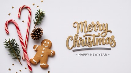 Merry christmas greeting with candy canes gingerbread and pine branches
