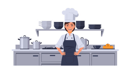 Confident female chef smiling in a clean, modern kitchen ready to create culinary magic, perfect for restaurant promotions and cooking blogs