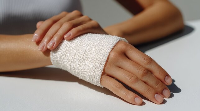 A close-up of a woman's hand with a white bandage, showcasing delicate fingers and a calm, serene aesthetic.