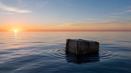 Old Wooden Crate Floating in Calm Ocean at Sunset