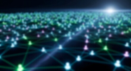 Abstract visual representation of a complex global network connection, showing connected people icons across a digital field with glowing lines and bright data transmission light flair