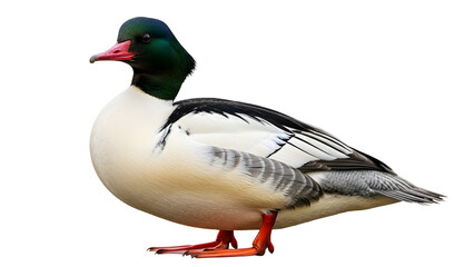 Elegant male common merganser duck standing in profile against a