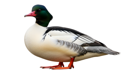 Elegant male common merganser duck standing in profile against a