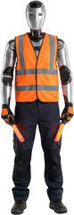 Futuristic humanoid robot wearing a high visibility vest and holding illuminated batons standing with a transparent background android technology automation artificial intelligence
