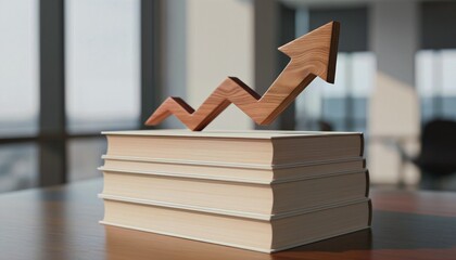Wood Sculpture Arrow on Books Reflecting Aspiration and Educational Advancement in Corporate Setting