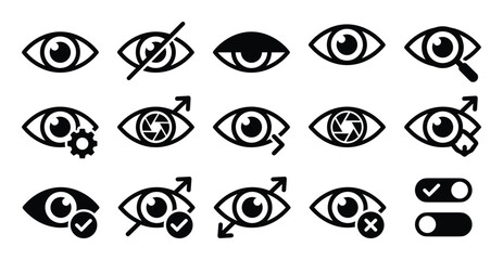 Eye icons set. Vision and visibility symbols. View and security glyph collection isolated on white.