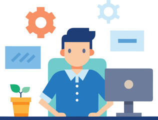 Developer coding at desk with programming brackets and gear isolated on white background