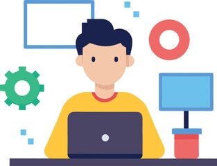 Developer coding at desk with brackets and gear isolated on white background