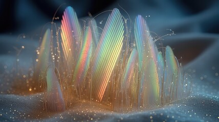 Luminous striped prisms rise amidst delicate tendrils upon a shimmering landscape, creating a serene composition
