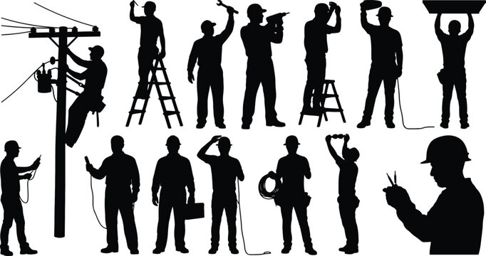 Silhouette collection of  electrical workers in various poses
