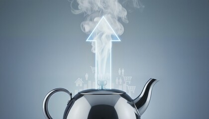 Steam Rising from Kettle with Upward Arrow Implying Spiking Utility Bill Prices