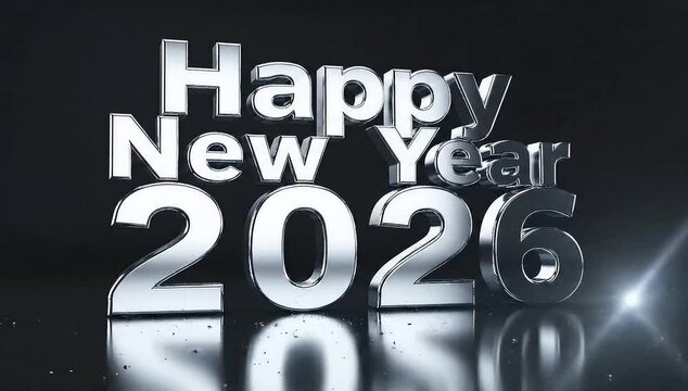 Futuristic metallic text celebrates the arrival of the New Year 2026 with dazzling light effects.