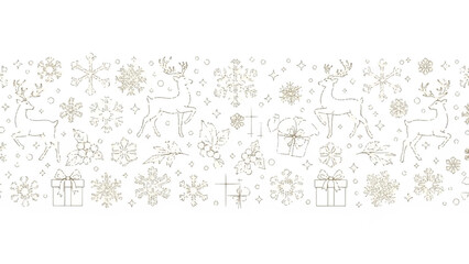 Obraz premium Seamless horizontal banner with golden Christmas illustrations of reindeer, snowflakes, and presents in a delicate line art style