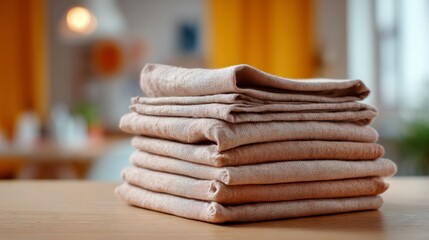 A neatly stacked pile of soft, beige linen napkins arranged on a wooden table in a cozy, softly lit dining space.