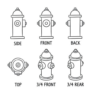Fire hydrant blueprint outline set, showing different perspectives of emergency utility