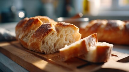 Freshly baked artisanal bread sliced and presented on a wooden cutting board.