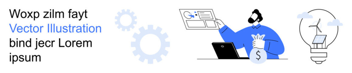 Business strategy, financial planning, technology development, renewable energy, innovation, economic growth. Visual of a person with dollar bag at a laptop and a lightbulb wind turbine. Business
