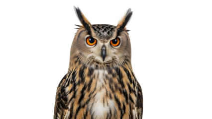 Majestic eurasian eagle owl stares intensely with piercing orange eyes forward
