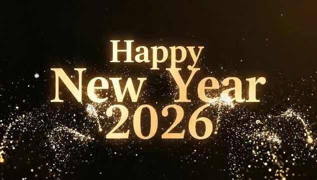 Radiant golden text "Happy New Year 2026" sparkles on a dark background, celebrating the upcoming year.