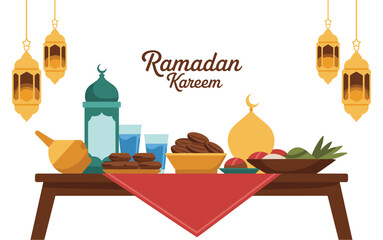 Obraz premium Ramadan Kareem Iftar Illustration: Traditional Islamic Feast with Dates, Water, and Lanterns Celebrating the Holy Month of Fasting and Prayer