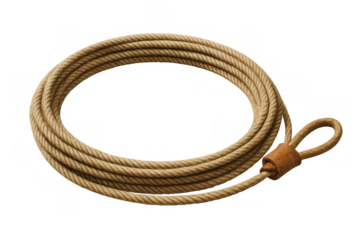 Coiled lasso rope with a hondo, representing western culture, rodeo, cowboy, and ranching pursuits on transparent background