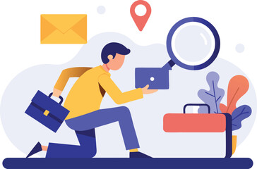 Job search on laptop with magnifier and briefcase isolated on white background