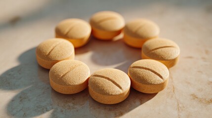 Close-up of orange tablets arranged in a circular pattern, showcasing their textured surface and soft lighting.