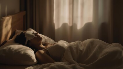 Serene Morning - Woman Sleeping Peacefully in Bed with Sunlight.