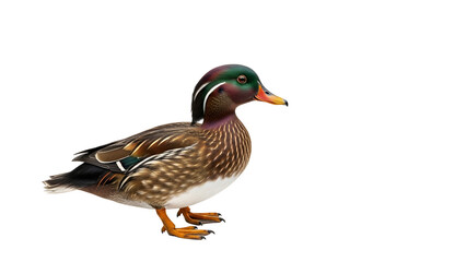 Obraz premium Colorful wood duck standing in profile against a stark view