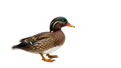 Colorful wood duck standing in profile against a stark view