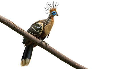 Hoatzin bird perched on a branch with a in the amazon rainforest