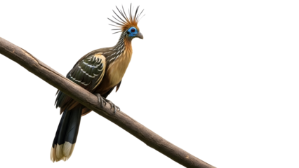 Hoatzin bird perched on a branch with a in the amazon rainforest