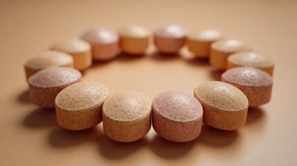 A circular arrangement of colorful dietary supplements on a soft orange background, conveying health and wellness.