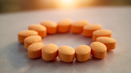 A circular arrangement of vibrant orange pills, set against a warm sunset background, evoking health and wellness.