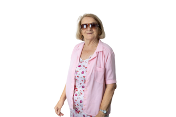Senior woman with sunglasses smiling on transparent background