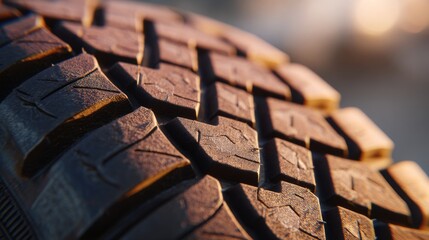 Close-up of a rugged tire tread showcasing intricate patterns and textures, illuminated by soft, warm lighting.