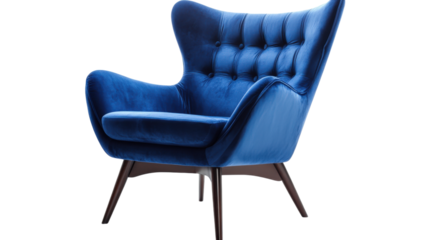 Blue velvet armchair with tufted back isolated on a transparent background