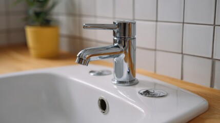 Fototapeta premium Close-up view of a sleek chrome faucet in a modern sink, creating a clean and refreshing atmosphere.