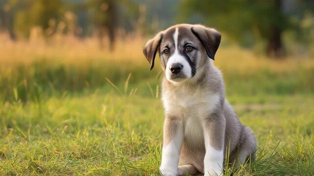 A young Alabai puppy sits on sunlit grass in a peaceful field, looking toward the camera with a calm and curious expression.