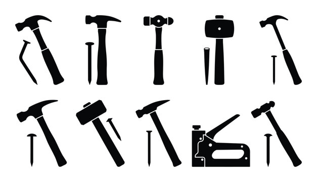 Hammers and nails tool collection. Different designs and styles of hammers vector set.